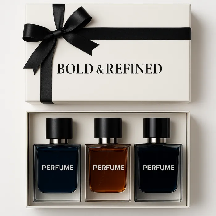 Elegant gift box with three perfume bottles and the text 'BOLD & REFINED' on the lid